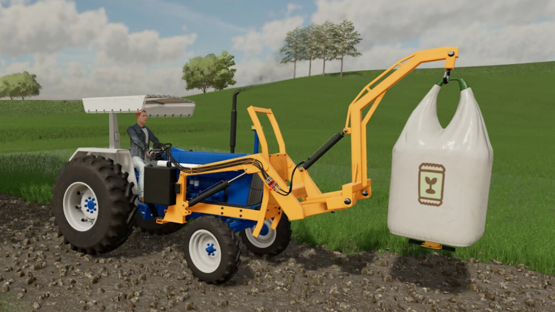 Mod FS22 Lizard F10 Series tractor levantando una gran bolsa en un campo en Farming Simulator 22.