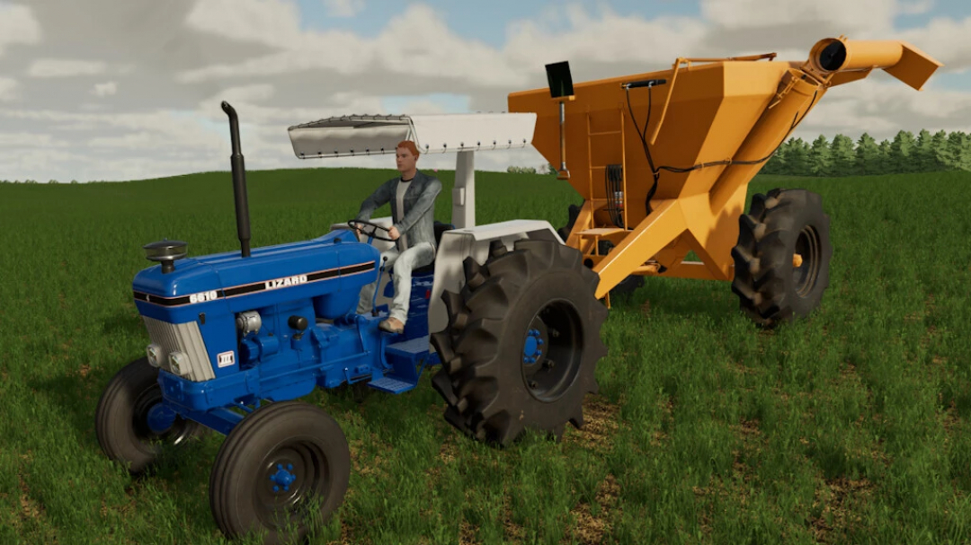 Mod FS22 Lizard F10 Series tractor con remolque naranja en campo verde