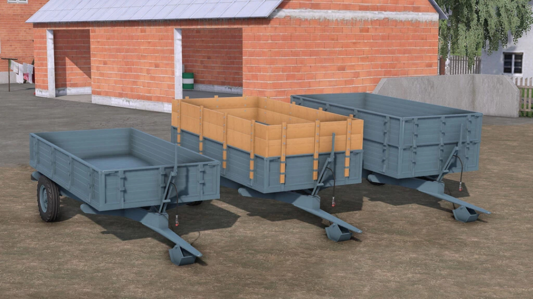 FS22 mod Lizard Loznica 5T features three trailers in front of a barn, showcasing Farming Simulator 22 equipment.