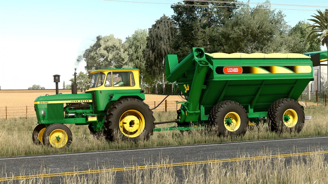 FS22-Mod Lizard Magnum 18 v1.0.0.0 mit grünem Traktor auf einer malerischen Landstraße in Farming Simulator 22.