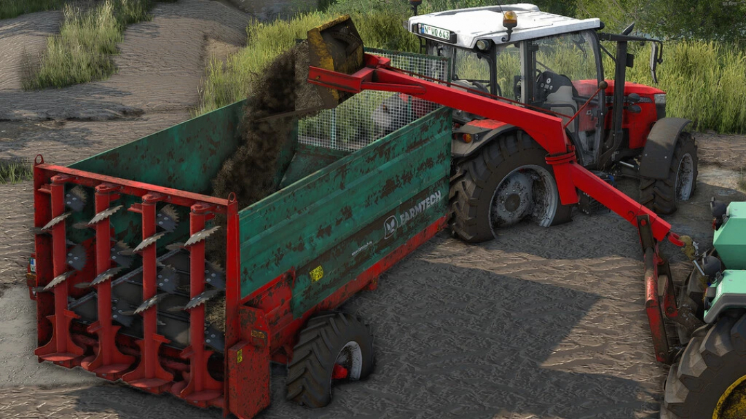 FS22 mod Lizard Panonija 525 v1.0.0.0 traktor ładowanie ziemi do przyczepy.