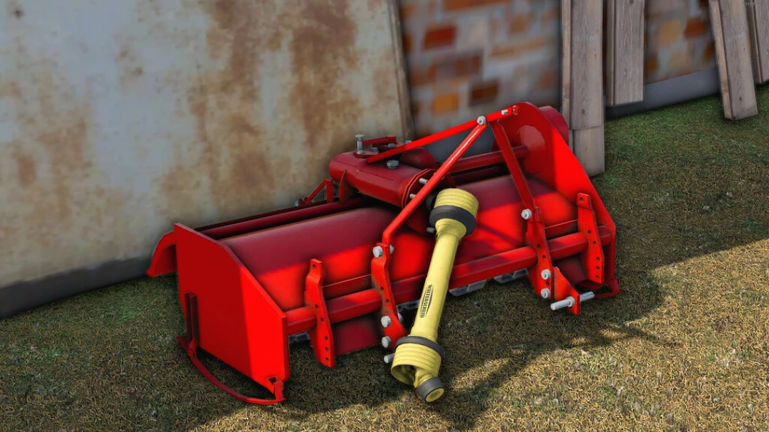 Mod FS22 Lizard TIM 612 v1.0.0.0, attrezzo agricolo rosso per Farming Simulator 22, su erba vicino a un muro.