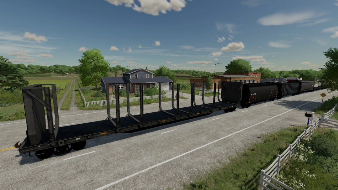 FS22 mod Lizard Train Pack v1.0.0.0 w Farming Simulator 22, przedstawiający szczegółowy pociąg i wiejski krajobraz.