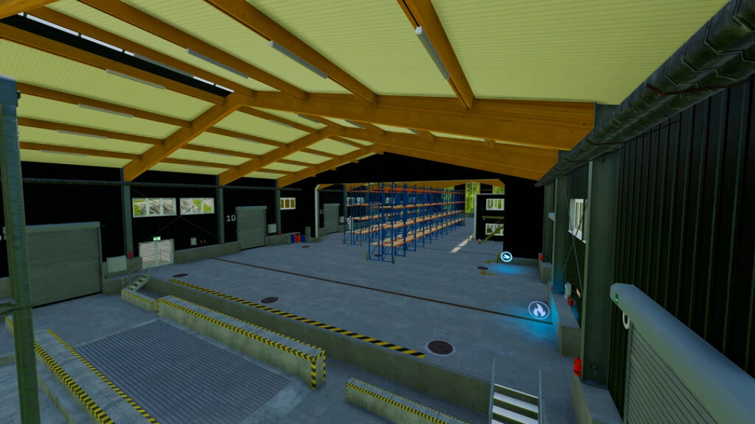 Mod FS22 Logistics Center com interior de grande armazém, prateleiras de armazenamento, docas de carga e elementos de design industrial.