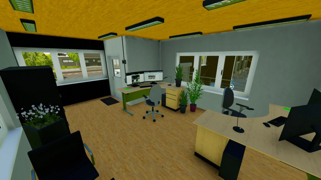 Interior de escritório moderno do mod FS22 Logistics Center, com mesas, computadores e plantas. Mods de Farming Simulator 22.