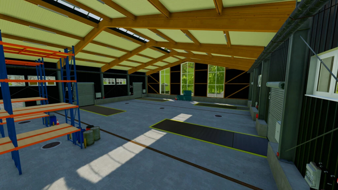 Interior do mod FS22 Logistics Center v1.0.0.1 com prateleiras e áreas de carga.