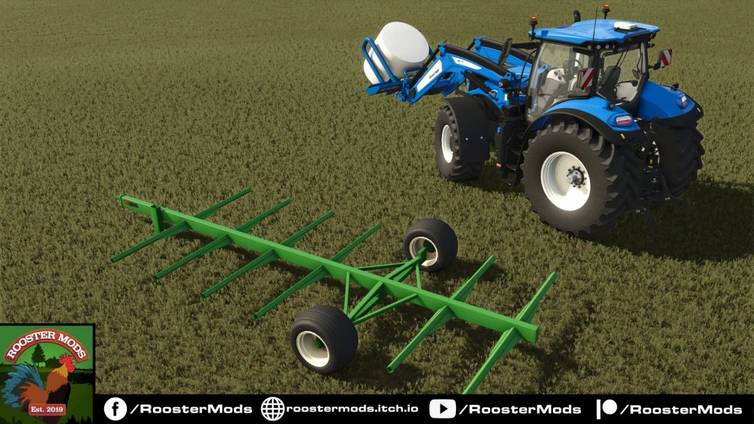 Mod FS25: Mac Lander Bale Trailer v1.0.0.0 w Farming Simulator 25, pokazujący niebieski traktor z zieloną przyczepą do bel na polu.