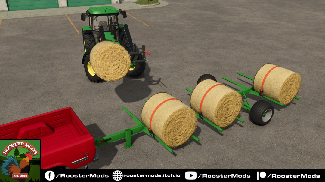 Mod FS25 pokazujący przyczepę do bel Mac Lander v1.0.0.0 z traktorem obsługującym bele w Farming Simulator 25.