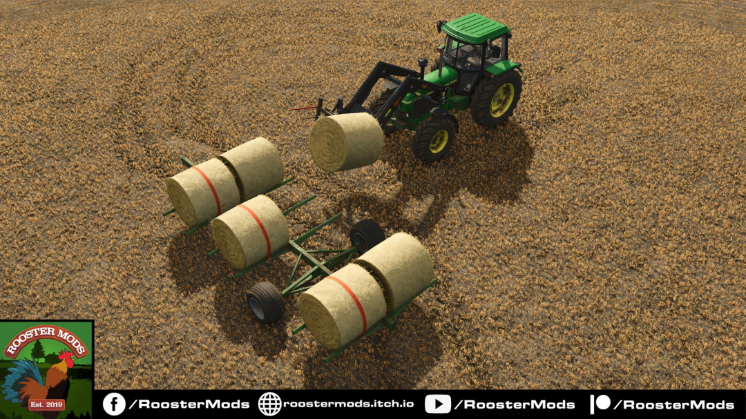 Mod FS25 Mac Lander Bale Trailer v1.0.0.0 przedstawiający ciągnik ładujący bele siana na przyczepę na polu.