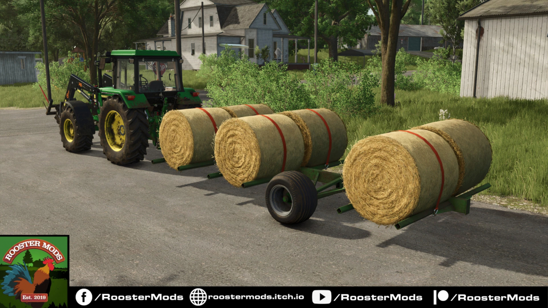 Obraz mod FS25 Mac Lander Bale Trailer v1.0.0.0 z zielonym traktorem, przewożącym duże okrągłe bele siana na farmie.