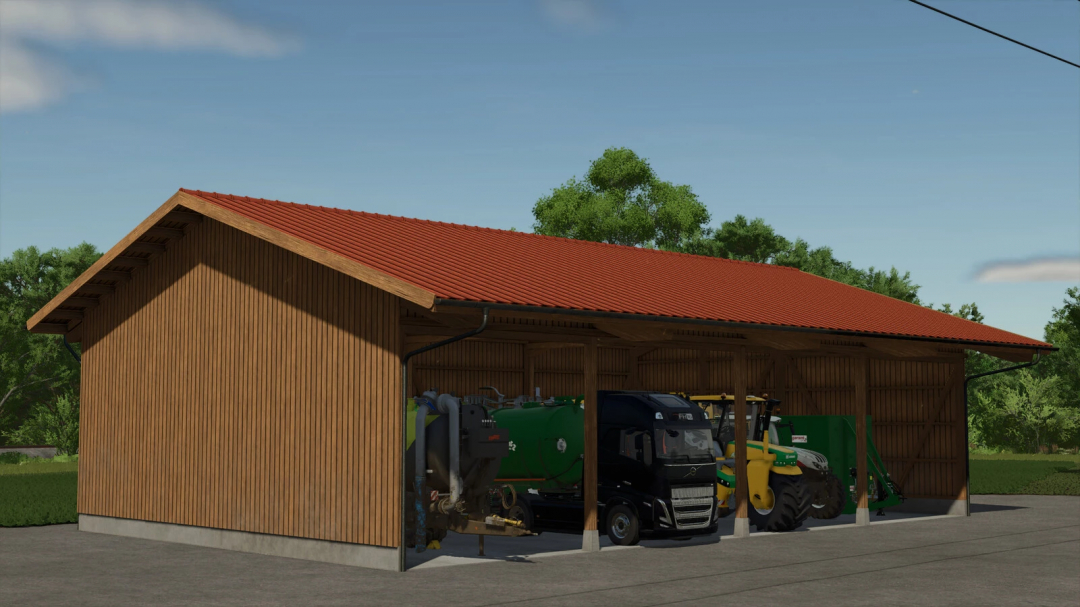 Fienile Macchine v1.0.0.0 mod in FS25 con struttura in legno e veicoli agricoli parcheggiati.