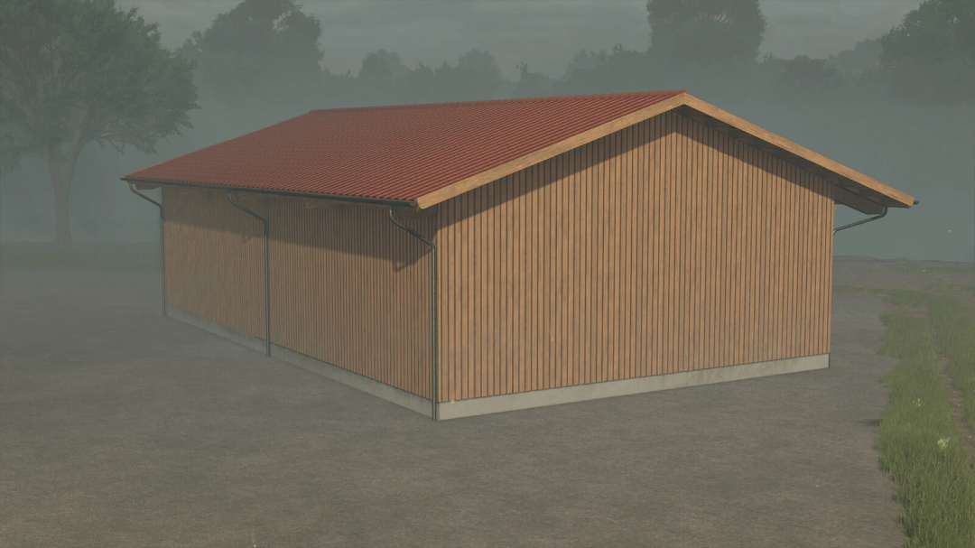 Mod Machine Barn v1.0.0.0 per Farming Simulator 25, con un fienile di legno con tetto rosso in un ambiente rurale.