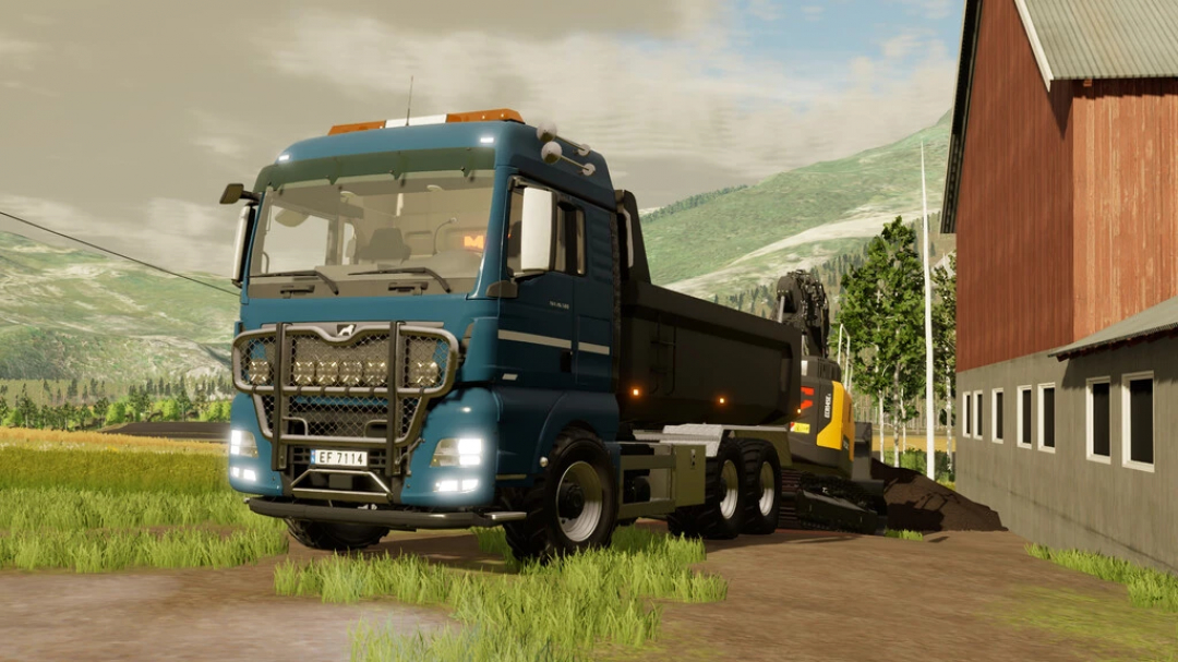 Mods FS22: Camion Man TGX 26.580 à côté d'une grange dans Farming Simulator 22.