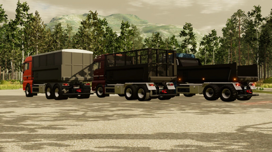 Mods FS22 présentant trois camions Man TGX 26.580 dans un cadre forestier, illustrant diverses configurations de chargement.