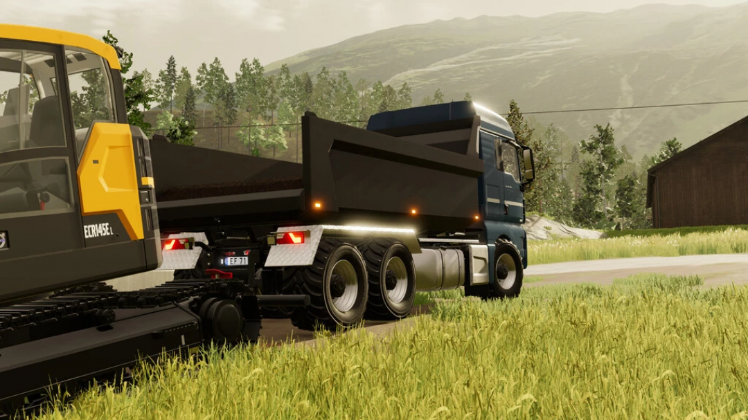 Camion MAN TGX 26.580 mod FS22 transportant de l'équipement à la campagne.