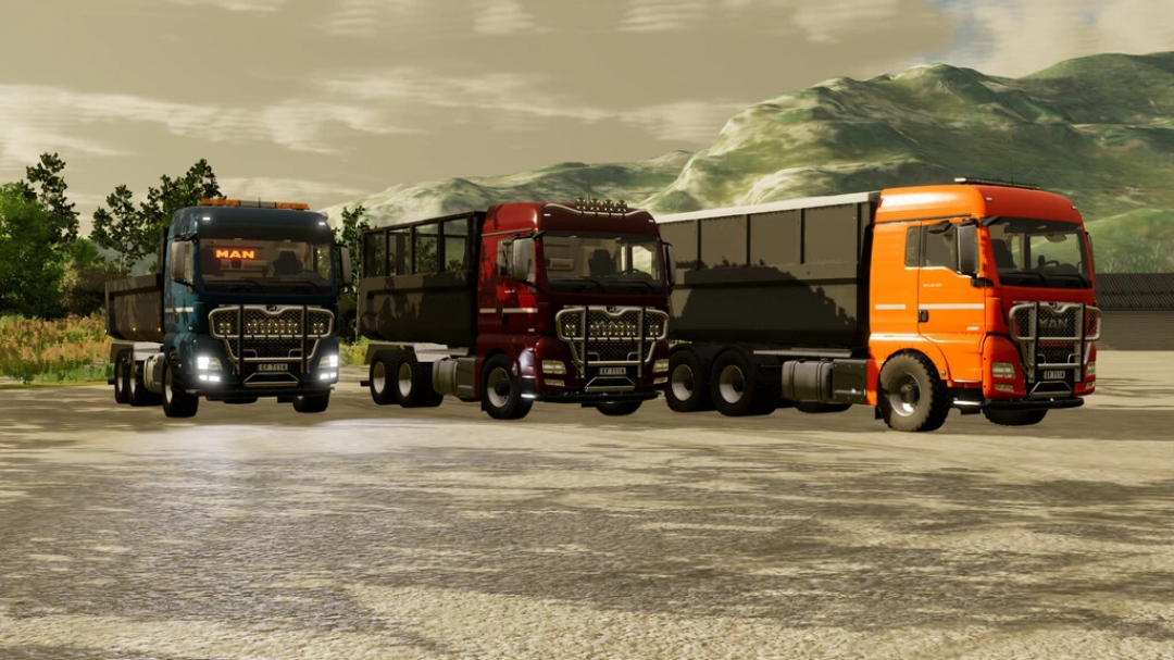 Trois camions Man TGX 26.580 de différentes couleurs pour FS22 mods, montrant les mods Farming Simulator 22 dans un paysage scénique.