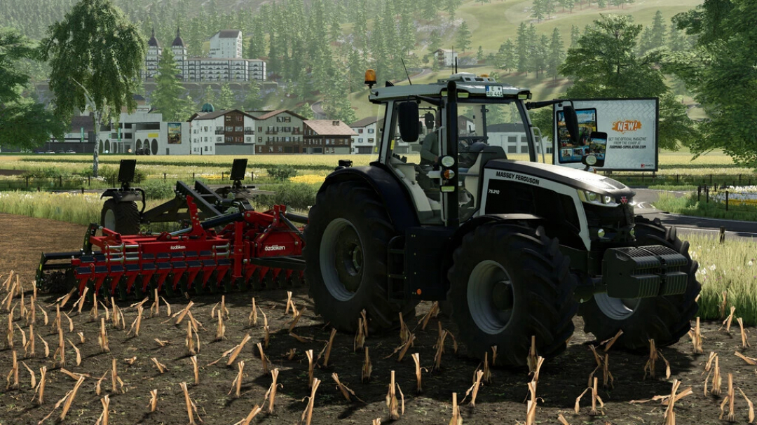 Massey Ferguson 7S tractor ploegt veld in FS22 mod, Farming Simulator 22.