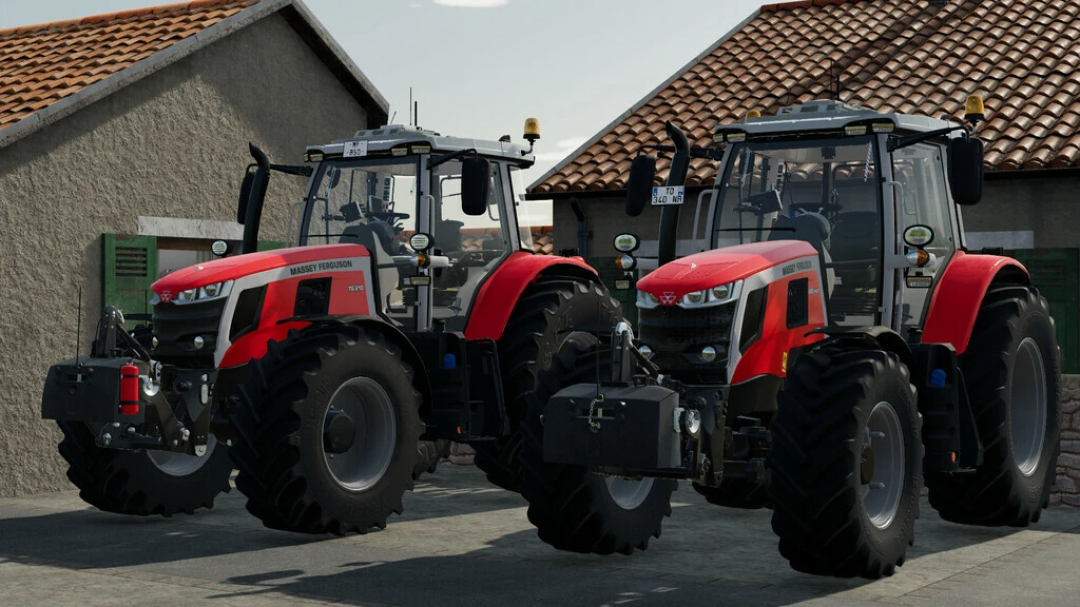 Massey Ferguson 6S/7S tractors geparkeerd op een boerderij in FS22 mods.