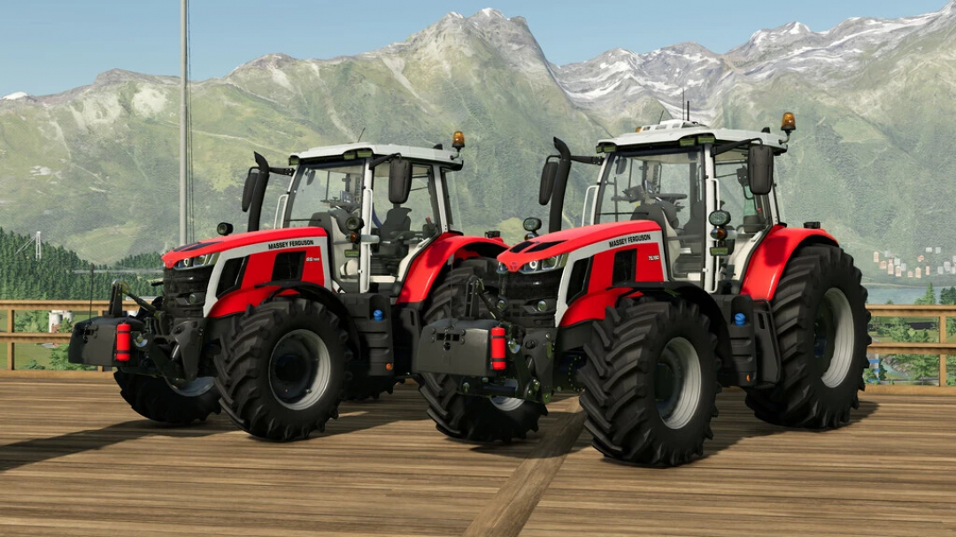 Massey Ferguson 6S/7S tractoren mod in FS22, toont twee rode tractoren op een houten platform met bergen op de achtergrond.