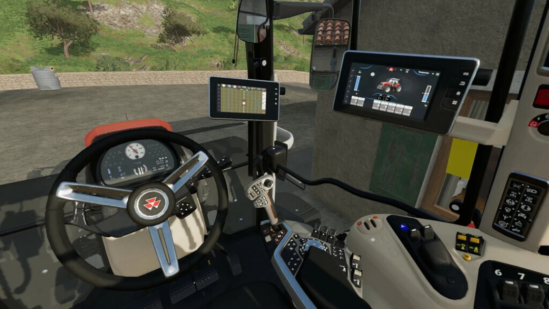 Interieur van Massey Ferguson 6S/7S tractormod in FS22 met gedetailleerde bedieningselementen en displays.