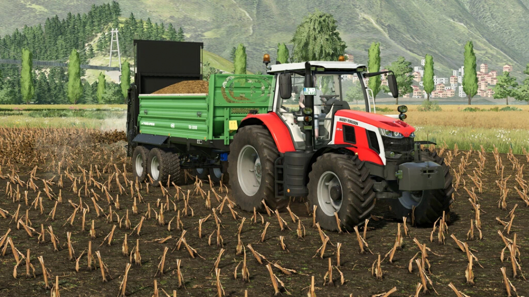 Massey Ferguson tractor met aanhanger in FS22 mod, landschap Farming Simulator 22