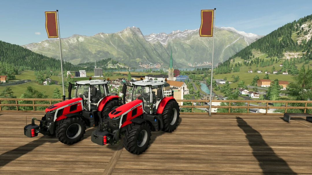 Massey Ferguson 6S/7S tractoren in FS22 mod v1.1.0.0 met schilderachtig berglandschap.