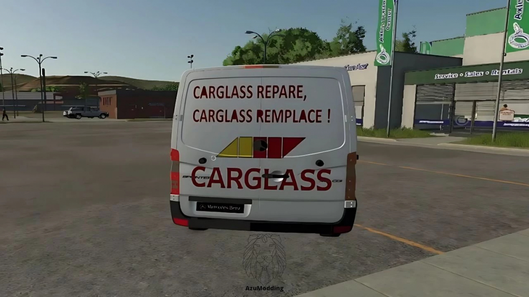 Mod FS25 Mercedes Sprinter CARGLASS zaparkowany w grze, prezentujący branding serwisu pojazdów.