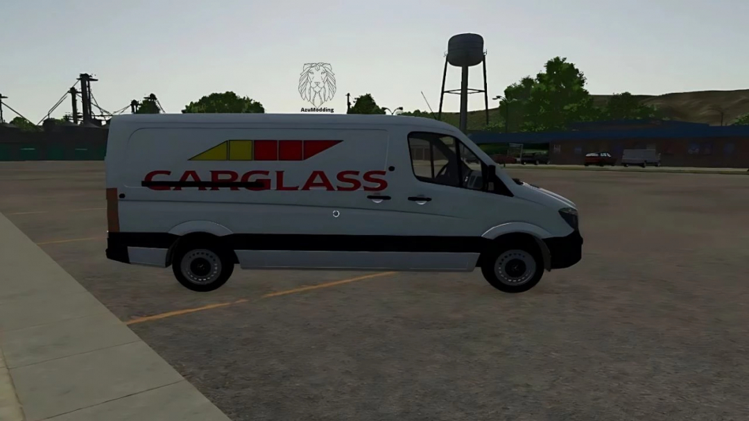 Mod FS25 Mercedes Sprinter CARGLASS w Farming Simulator 25, z zaparkowanym vanem na parkingu.