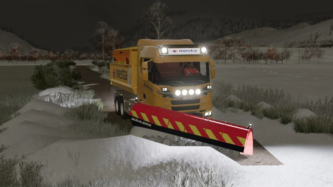 FS22 mod Mählers DPH Snow Plow v1.0.0.0, gele vrachtwagen met sneeuwploeg ruimt 's nachts weg, Farming Simulator 22 mods.