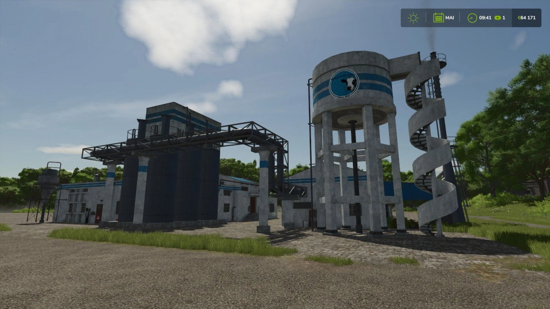 FS25 Milk sales point mod v1.0.0.0, featuring industrial structures and silo in Farming Simulator 25 scenery.