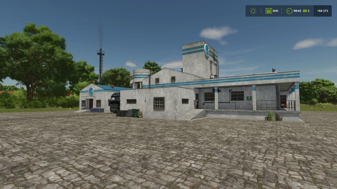 Milk sales point mod in FS25 features a rustic building with a truck, surrounded by lush trees in Farming Simulator 25.