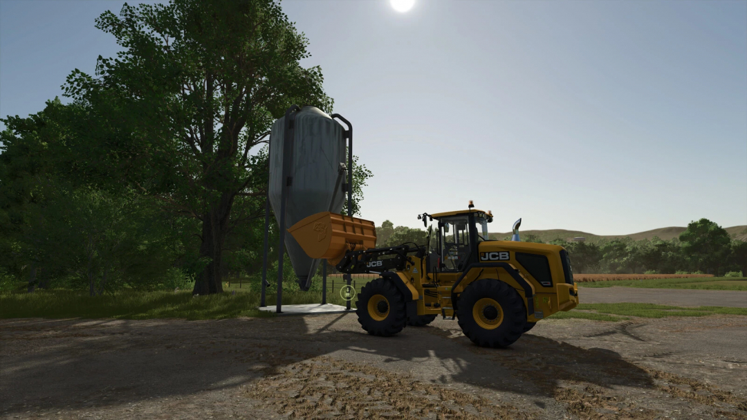 JCB-Lader neben Mineralzellensilo im FS25-Mod, ideal zur Verbesserung des Farming Simulator 25-Gameplays.