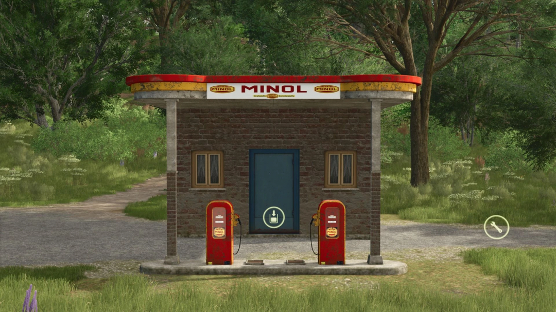 Mod FS25 pack station service Minol v1.0.0.0, avec une station vintage et pompes rouges entourées de verdure.