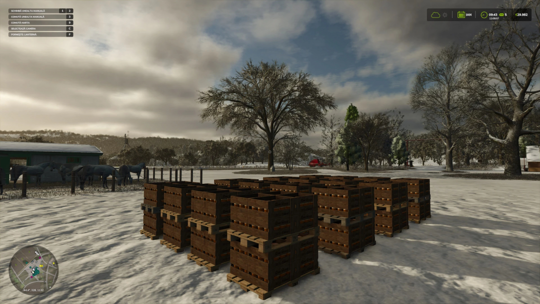 Honey pallets in snowy landscape, FS25 mod More Honey Pallet Place Options.