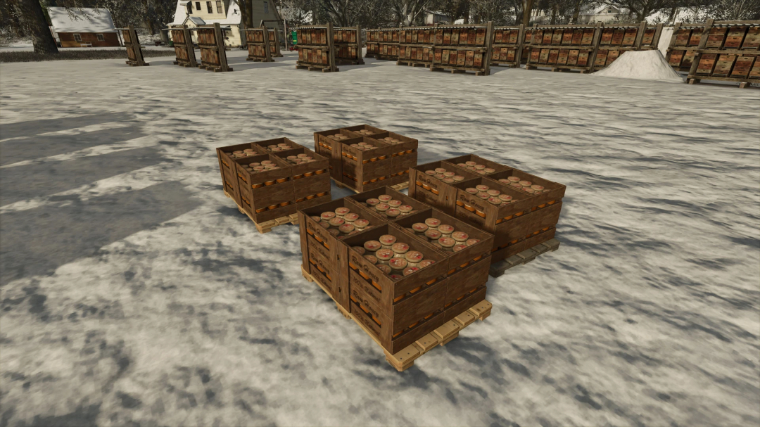 Honey pallet options mod in FS25, showcasing crates of honey jars on snowy farm ground.