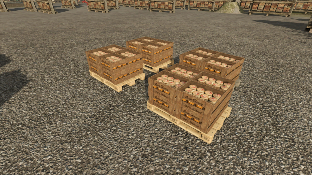 FS25 mod More Honey Pallet Place Options v1.0.0.0 showing wooden crates of honey jars on pallets.