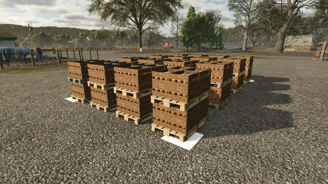 Wooden honey pallets stacked in Farming Simulator 25 mod More Honey Pallet Place Options v1.0.0.0.