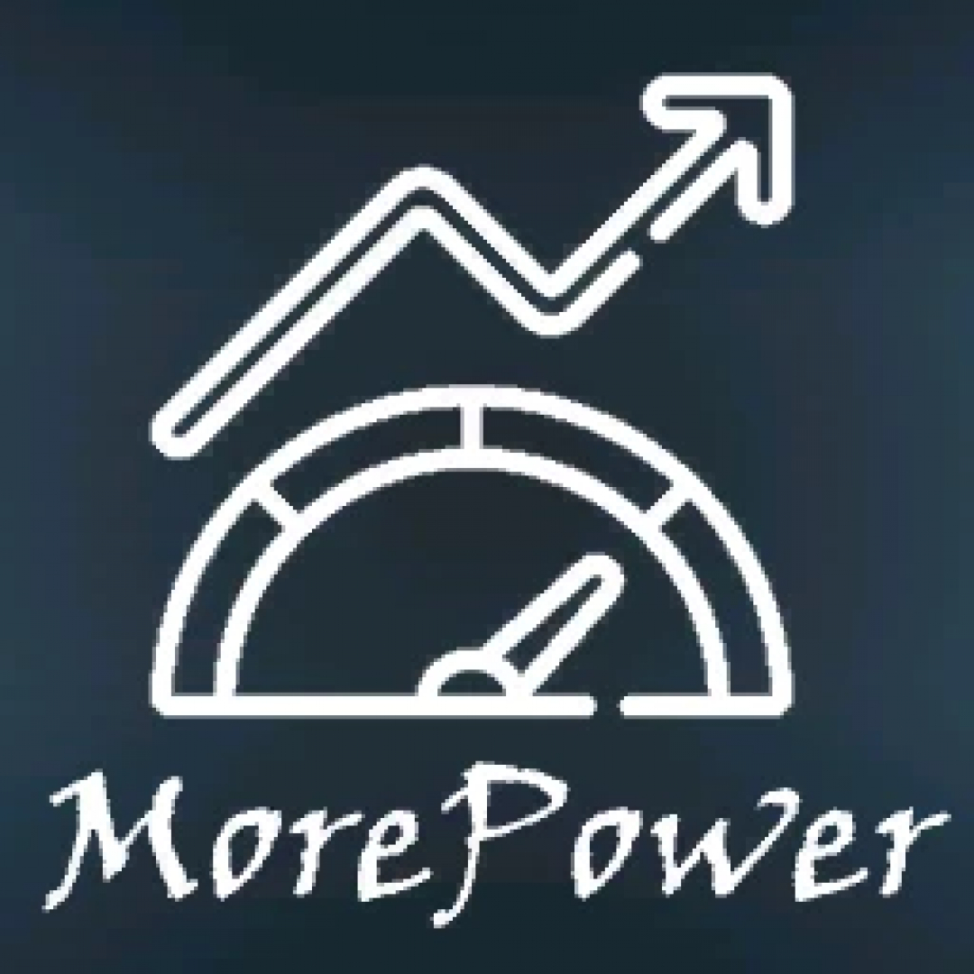 FS25-mod More Power v1.0.0.0 pictogram met een snelheidsmeter en omhoog wijzende pijl, verbetert Farming Simulator 25 gameplay.