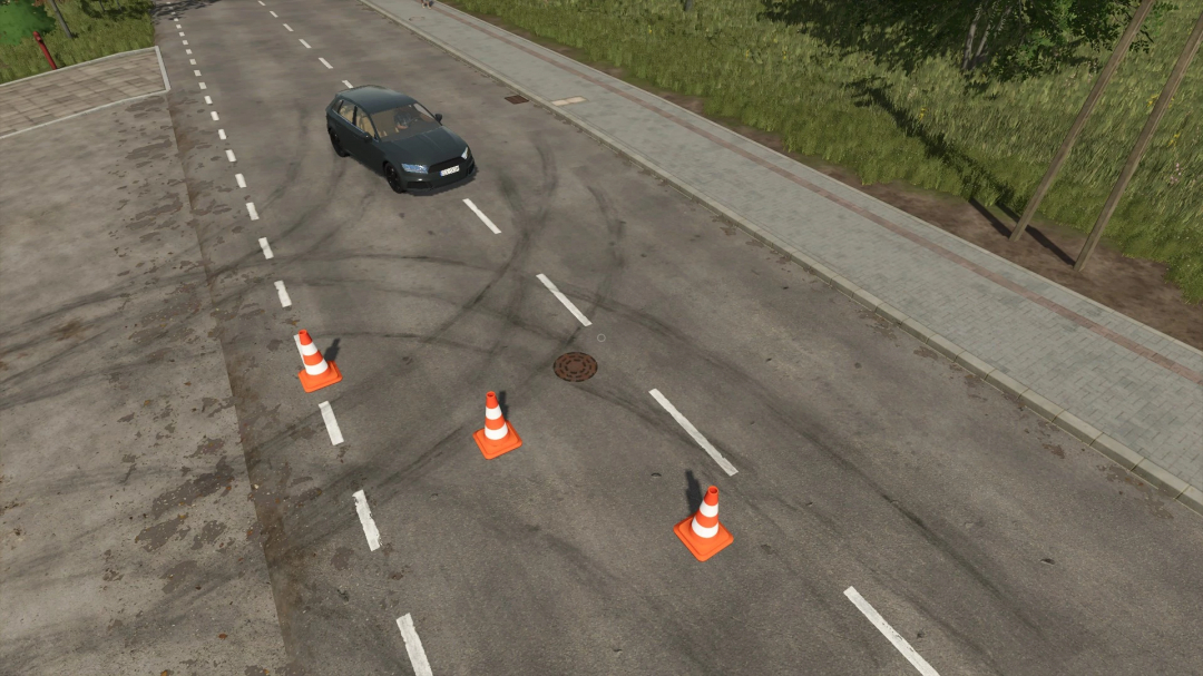 Movable traffic cones mod for Farming Simulator 25 on a road with a car in the background.