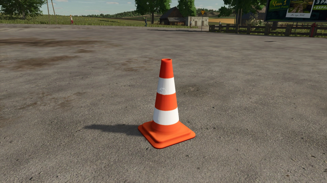 Movable traffic cone mod in Farming Simulator 25, version 1.0.0.0, placed on a rural road surface.