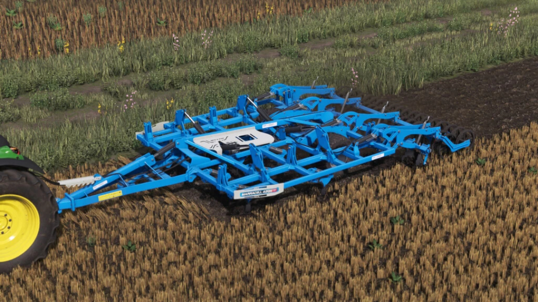 FS22 Namyslo Marracell Pack v2.5.1.0 mod, a blue cultivator working in a wheat field in Farming Simulator 22.