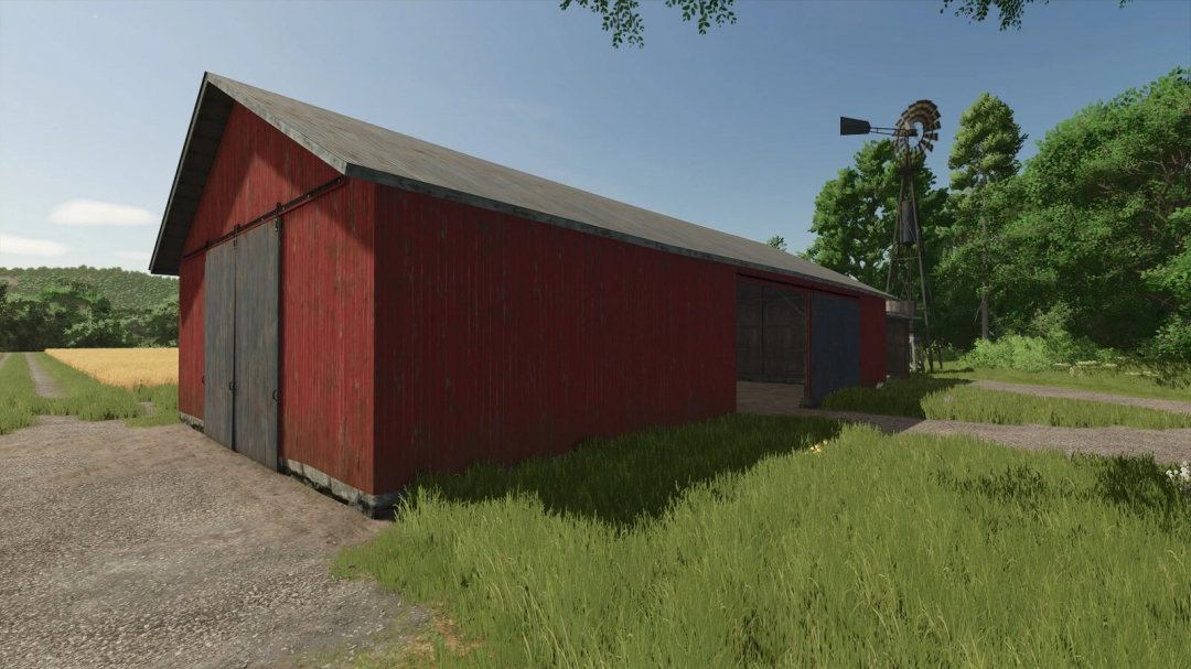 Oude rode schuur op een boerenerf, deel van de Old Sheds v1.0.0.0 mod voor FS25. Verbetert Farming Simulator 25 gameplay.