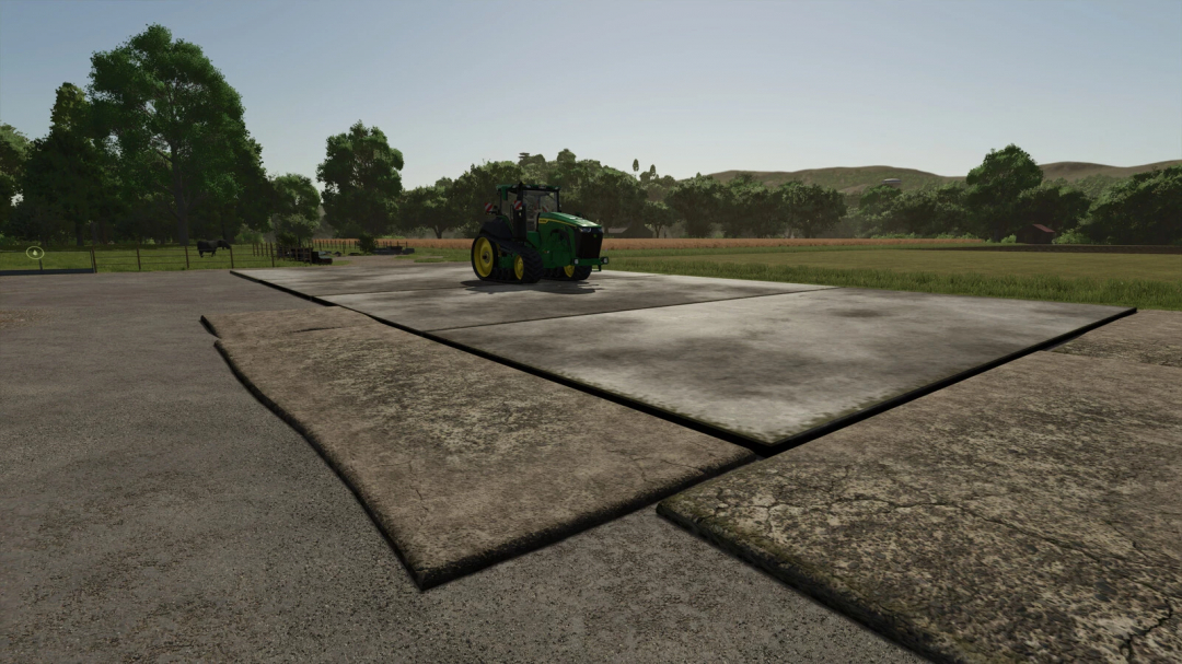 Image de mod FS25 montrant un tracteur sur des carreaux décoratifs dans un paysage agricole.