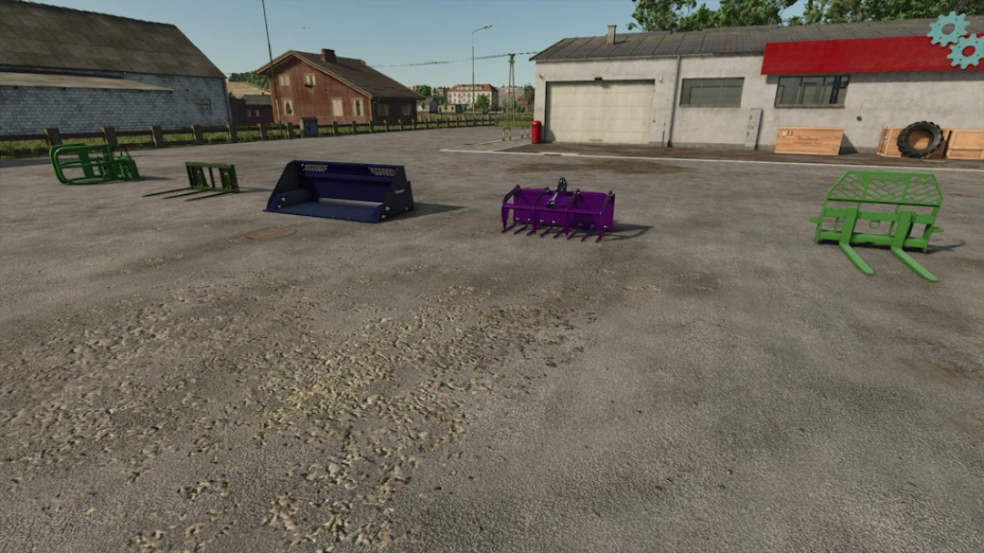 FS25 Paladin Pack 1.0.0.0 mods weergegeven in Farming Simulator 25 garage. Diverse hulpstukken liggen op de grond.