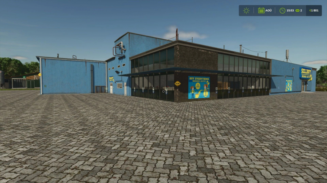 FS25 mod Pallet Store v1.0.0.0 featuring a large blue warehouse with signs, showcased in Farming Simulator 25.