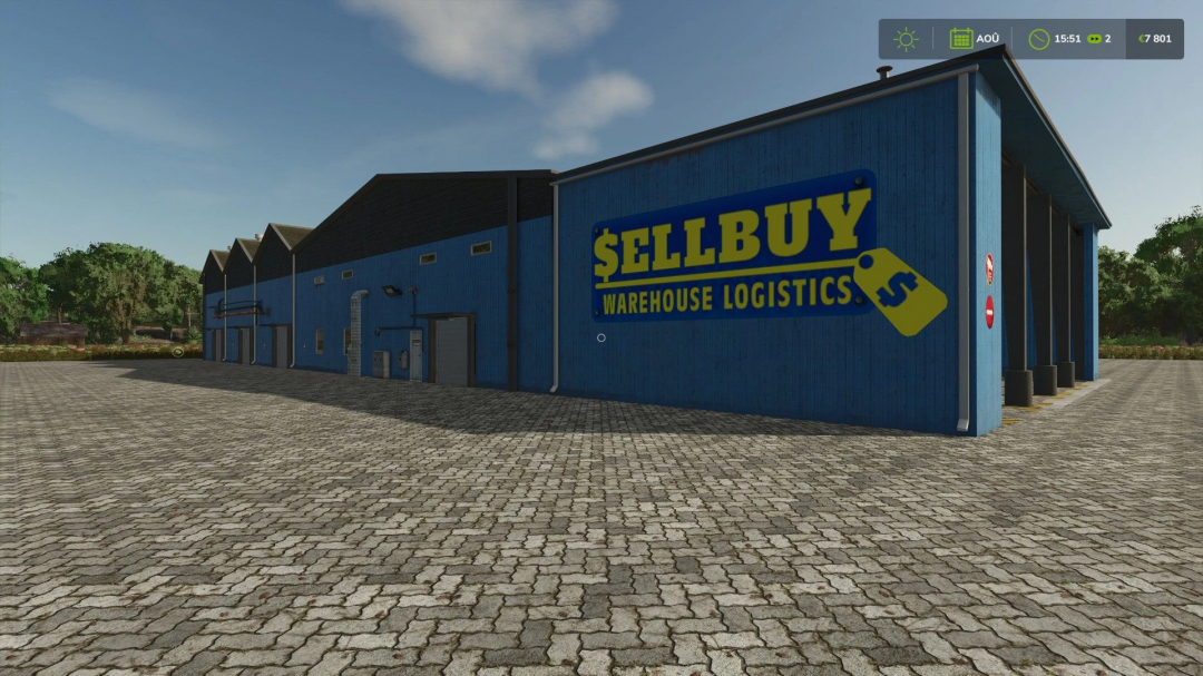 FS25 mod Pallet store v1.0.0.0 featuring a blue warehouse with 'SellBuy Warehouse Logistics' sign.