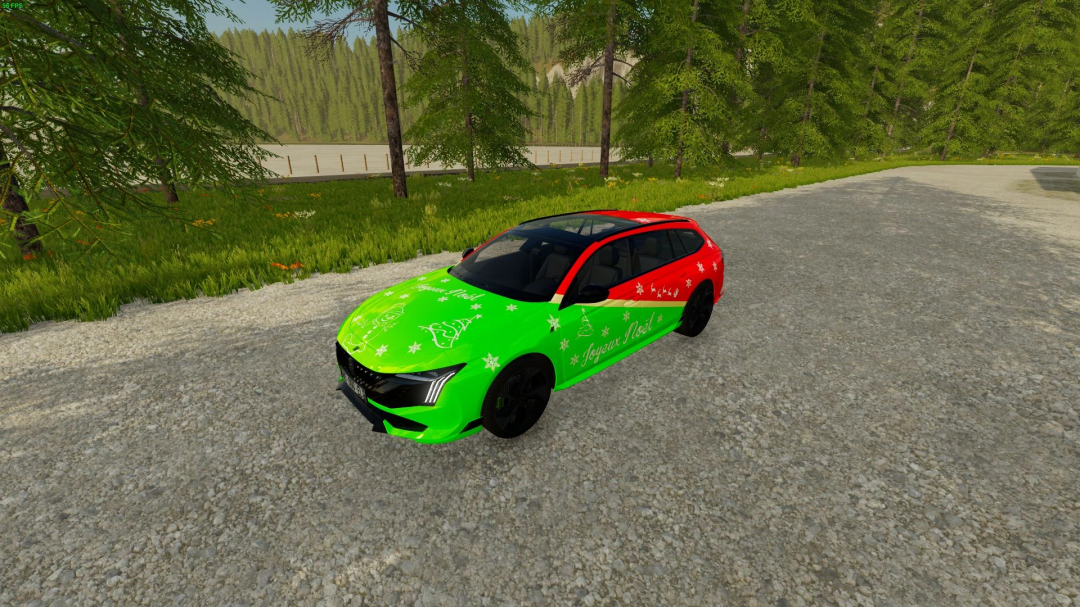 Mod de Navidad Peugeot 508 PSE SW 2024 en FS22 con diseño festivo rojo y verde y texto 'Joyeux Noël'.