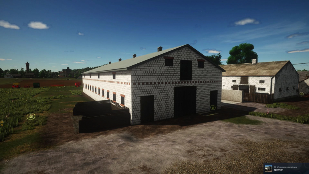 Large brick cowshed in a rural landscape, featured in FS25 Polish Cowshed v1.0.0.0 mod.