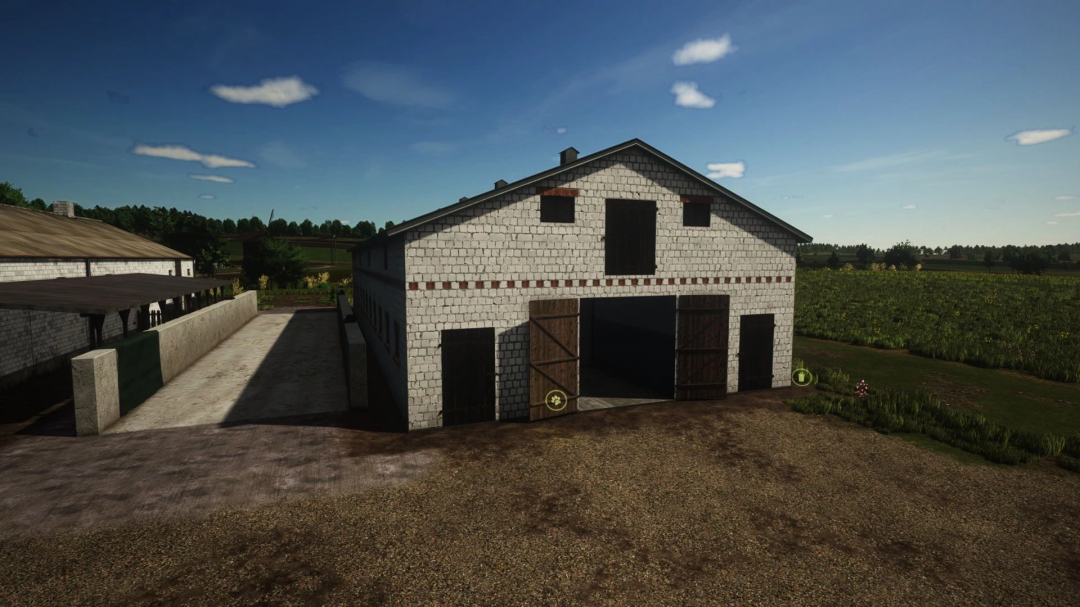 Image of a Polish Cowshed mod in FS25, showing a traditional barn with open doors in a rural setting.