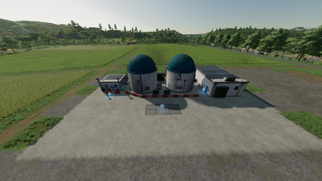 FS22 mod Processing Of Bales And Chaff v1.0.0.0, featuring a processing facility with blue domed silos in a field setting.